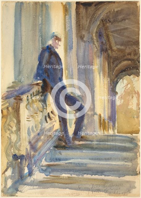 Sir Neville Wilkinson on the Steps of the Palladian Bridge at Wilton House, 1904/1905. Creator: John Singer Sargent.