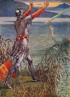 Sir Bedivere casts the sword Excalibur into the Lake 1911. Artist: Walter Crane