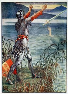 Sir Bedivere casts the sword Excalibur into the Lake 1911. Creator: Unknown