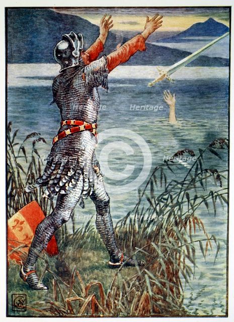 'Sir Bedivere casts the sword Excalibur into the Lake', 1911.  Creator: Unknown.