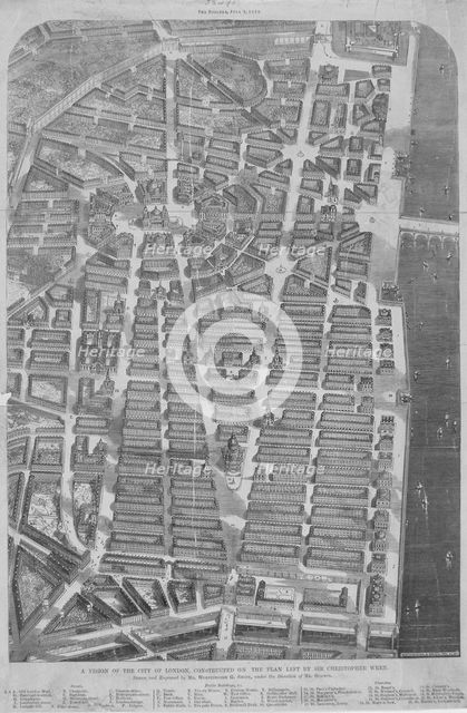 Sir Christopher Wren's plan for the rebuilding of London after the Great Fire, 1666 (1875). Artist: G Worthington Smith