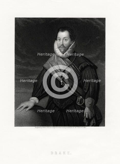 Sir Francis Drake, English privateer, navigator, naval pioneer, politician, 19th century. Artist: W Holl
