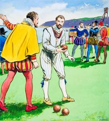 Sir Francis Drake playing bowls on Plymouth Hoe, 1588 (c1900). Creator: Trelleek