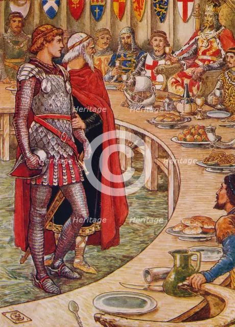 'Sir Galahad is brought to the Court of King Arthur', 1911.  Artist: Walter Crane.