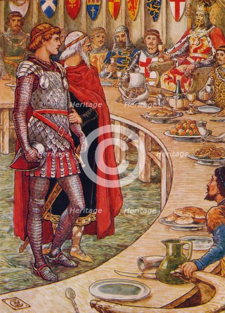 'Sir Galahad is brought to the Court of King Arthur', 1911.  Artist: Walter Crane.