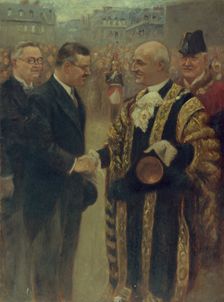Sir George Broadbridge, Lord-Mayor of London, shaking hands with..., 1937. Creator: Noel Dorville
