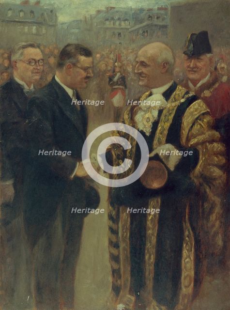 Sir George Broadbridge, Lord-Mayor of London, shaking hands with..., 1937. Creator: Noel Dorville.