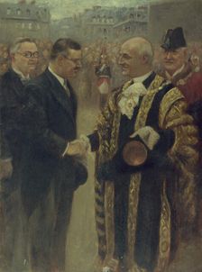 Sir George Broadbridge, Lord-Mayor of London, shaking hands with..., 1937. Creator: Noel Dorville