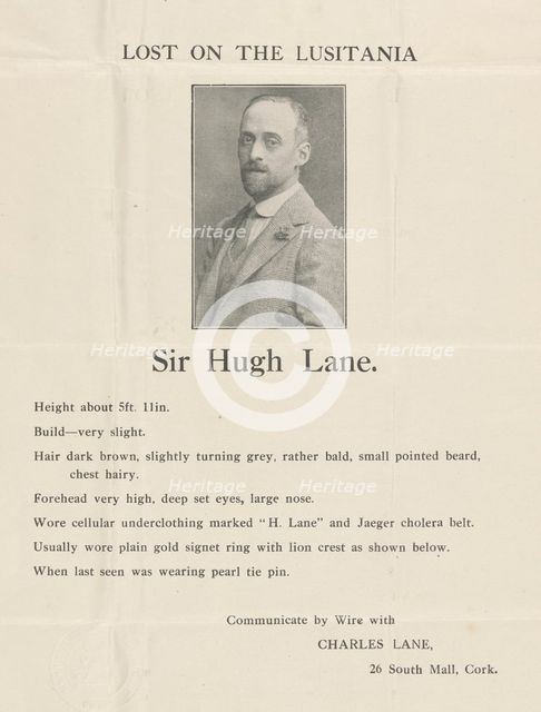 Sir Hugh Lane: Lost on the Lusitania: Broadside advertising search for Hugh Lane’s body...,c1915. Creator: Unknown.