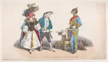Sir, I offer you my respects and my daughter from Metamorphoses of the Day, 1829. Creator: Pierre Langlumé