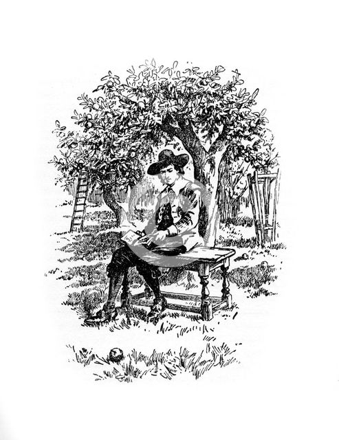 Sir Isaac Newton under the apple tree, (20th century). Artist: Unknown