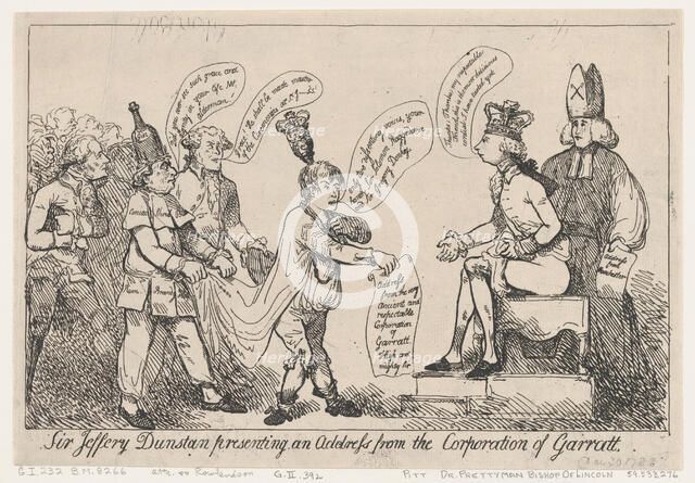 Sir Jeffery Dunstan Presenting an Address from the Corporation of Garratt, De..., December 30, 1788. Creator: Thomas Rowlandson.
