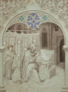 Sir John Mandeville writing an account of his voyage, c1410-c1420. Creator: Master of the Mandeville Travels