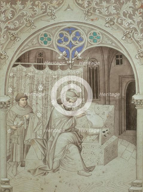 Sir John Mandeville writing an account of his voyage, c1410-c1420.  Creator: Master of the Mandeville Travels.