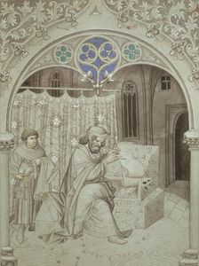 Sir John Mandeville writing an account of his voyage, c1410-c1420. Creator: Master of the Mandeville Travels