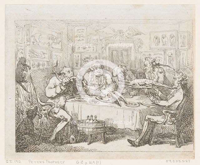 Sir Joseph Banks about to Eat an Alligator (‘The Fish Supper’), 1788 or later., 1788 or later. Creator: Thomas Rowlandson.