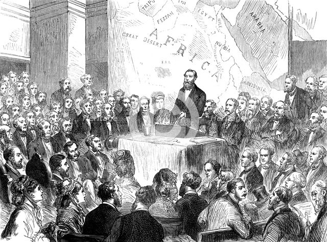 Sir Samuel Baker at the meeting of the Royal Geographical Society, 1873. Creator: Unknown.