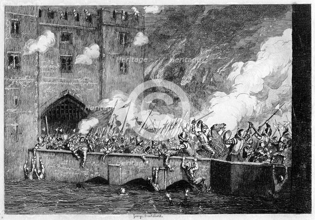 Sir Thomas Wyatt attacking the By-ward Tower, 1554 (1840).Artist: George Cruikshank