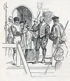 Sir Walter Raleigh holds his executioner's axe, c1900. Creator: Howard Davie