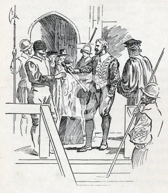 Sir Walter Raleigh holds his executioner's axe, c1900.  Creator: Howard Davie.