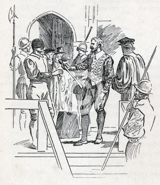 Sir Walter Raleigh holds his executioner's axe, c1900.  Creator: Howard Davie.
