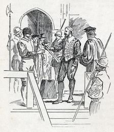 Sir Walter Raleigh holds his executioner's axe, c1900. Creator: Howard Davie