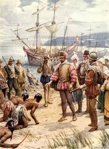 Sir Walter Raleigh Landing in Virginia c1900. Creator: Howard Davie