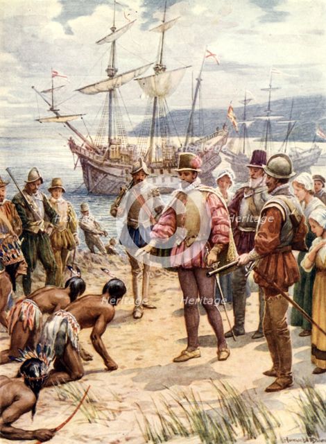 'Sir Walter Raleigh Landing in Virginia', c1900.  Creator: Howard Davie.