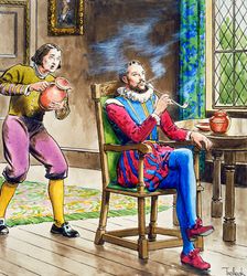 Sir Walter Raleigh smoking a pipe, (c1900). Creator: Trelleek