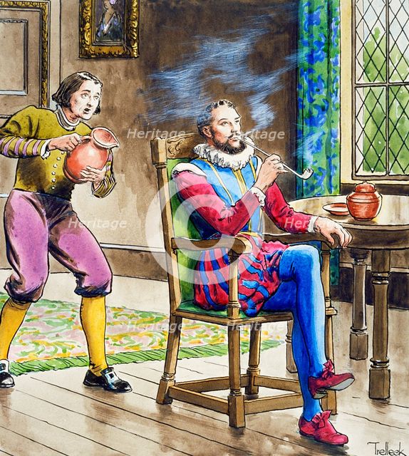 Sir Walter Raleigh smoking a pipe, (c1900). Creator: Trelleek.
