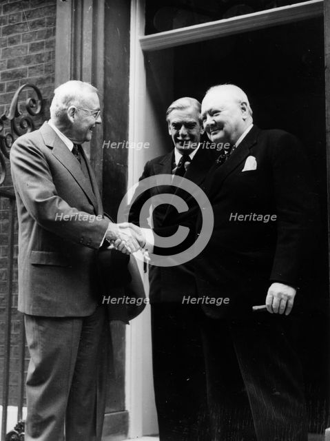 Sir Winston Churchill (1874-1965), John Foster Dulles (US Sec of State), Anthony Eden, c1952. Creator: Unknown.
