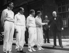 Sir Winston Churchill (1874-1965) shaking hands with Roger Bannister (b1929), c1950s. Creator: Unknown