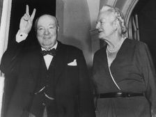 Sir Winston Churchill and Lady Churchill on his 81st birthday, Hyde Park Gate, London, 1955