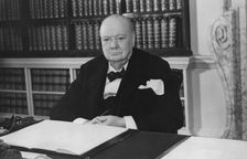 Sir Winston Churchill celebrates his 79th birthday in the Cabinet Room of 10 Downing Street, 1953