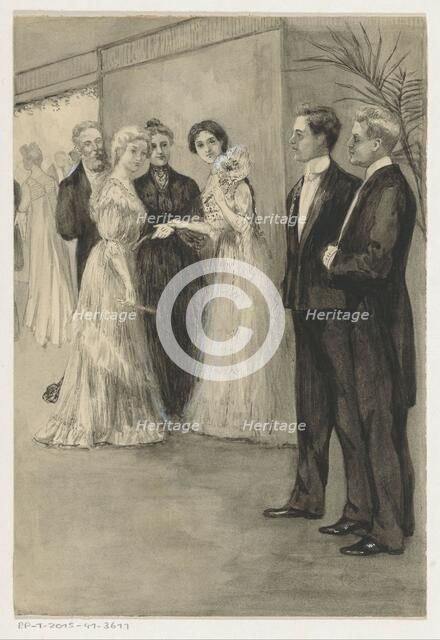 Sisters in evening dress looking at two young men, 1905 or earlier.  Creator: Anna Maria Kruijff.