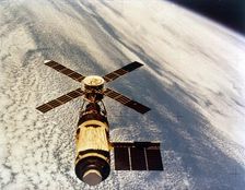 Skylab in orbit above Earth at the end of its mission, 1974. Creator: NASA