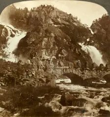 Skarafos and Lotefos leaping over rocks, Western Norway c1905. Creator: Unknown