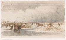 Skaters and horse sleigh on the ice, 1840-1880. Creator: Johannes Tavenraat