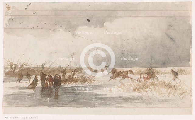 Skaters and horse sleigh on the ice, 1840-1880. Creator: Johannes Tavenraat.