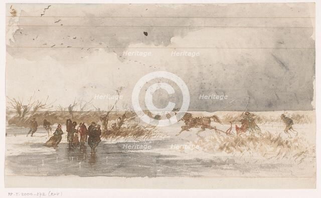 Skaters and horse sleigh on the ice, 1840-1880. Creator: Johannes Tavenraat.