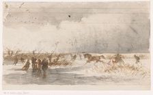 Skaters and horse sleigh on the ice, 1840-1880. Creator: Johannes Tavenraat