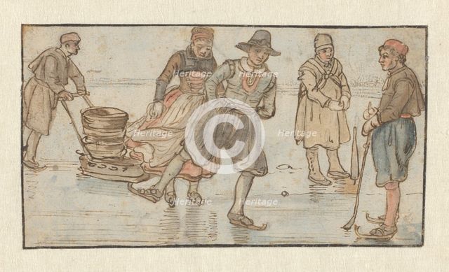 Skaters on the Ice, a Man Pushing a Sledge and a Kolf-player / verso: Two Skaters, c.1620-c.1625. Creator: Hendrick Avercamp.