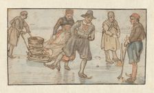 Skaters on the Ice, a Man Pushing a Sledge and a Kolf-player / verso: Two Skaters, c.1620-c.1625. Creator: Hendrick Avercamp