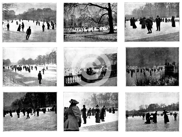 Skating in London: Regent's Park, The Serpentine, and Highgate Ponds, 1895.  Creator: Russell & Sons.