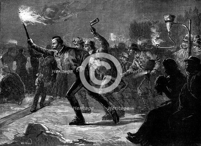 Skating on the Serpentine by torchlight - "follow my leader", 1881. Creator: Unknown.