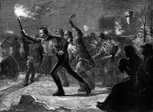 Skating on the Serpentine by torchlight - "follow my leader", 1881. Creator: Unknown