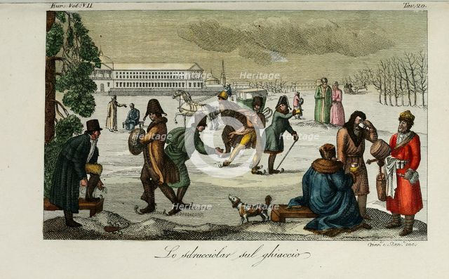 Skating rink. Illustration from Il costume antico e moderno o storia del governo… by Giulio Ferrario, 1831. Artist: Giarrè, Luigi (1772-1844)