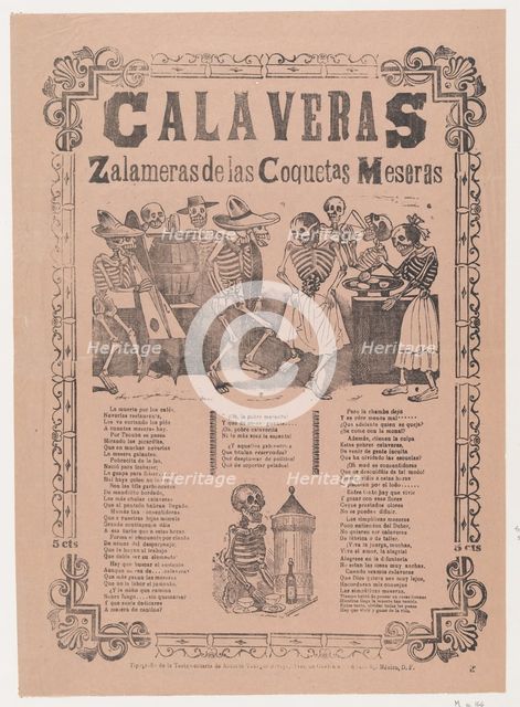 Skeletons (calaveras) dancing and drinking, corrida in bottom section, Ca. 1910., Ca. 1910. Creator: José Guadalupe Posada.