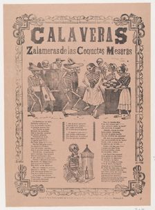 Skeletons (calaveras) dancing and drinking, corrida in bottom section, Ca. 1910., Ca. 1910. Creator: José Guadalupe Posada