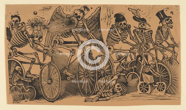 Skeletons (calaveras) riding bicycles, ca. 1900., ca. 1900. Creator: José Guadalupe Posada.